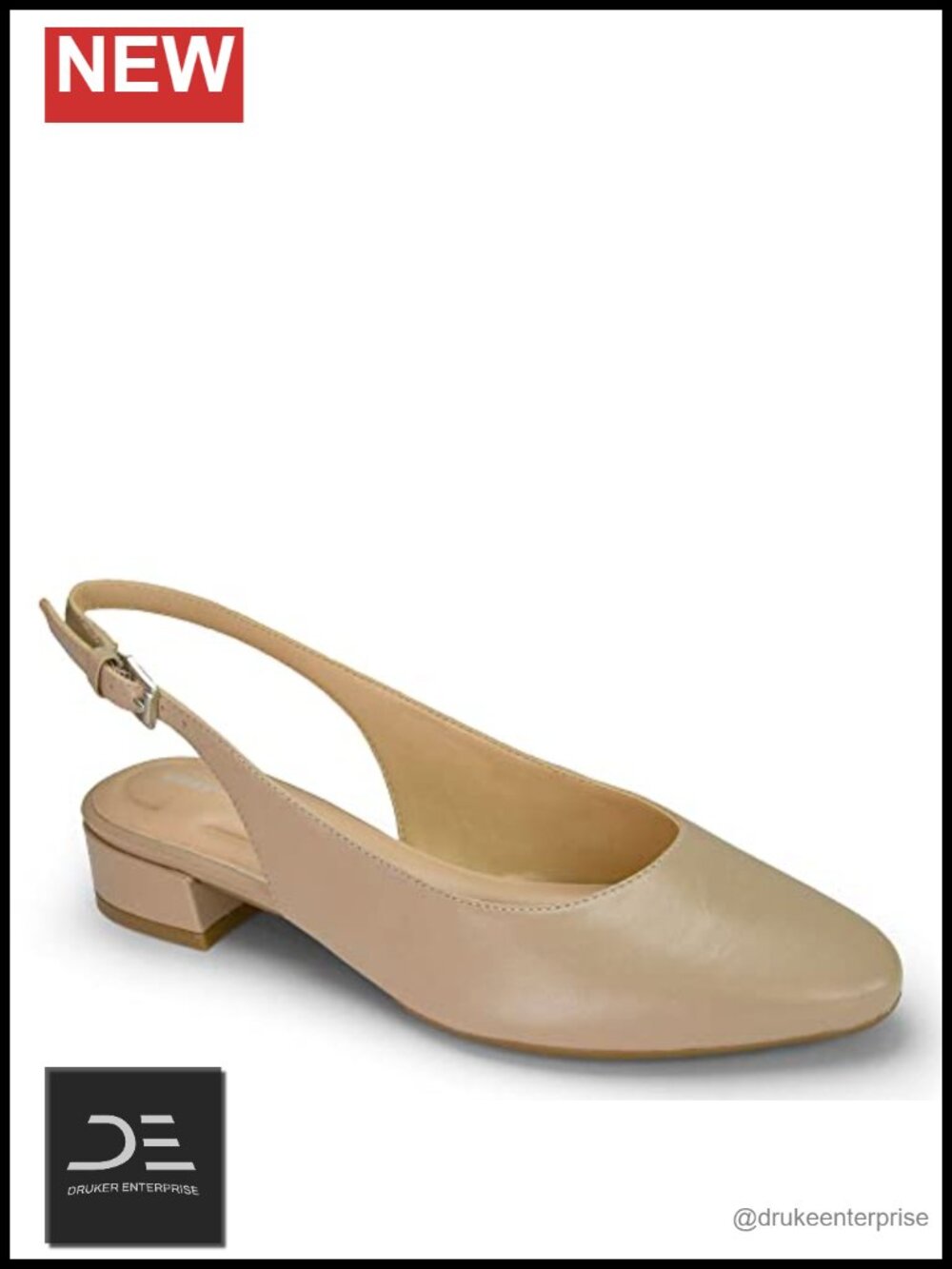 Women's Leather Pump with Buckle, Low Heel Office Shoe
